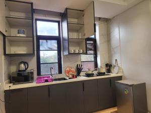 a kitchen with a sink and a stove and a window at Ham Apartments in Kampala
