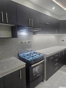 a kitchen with black cabinets and a blue stove at Urban Oasis in Manta