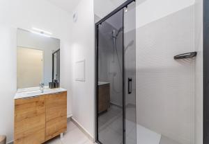 a bathroom with a glass shower and a sink at 2 Bedroom Apartment for 6 with Private Parking - Elevator - High-Speed WiFi in Champigny-sur-Marne