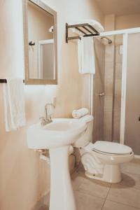 a bathroom with a sink and a toilet and a mirror at Casa María Teresa Suites in León