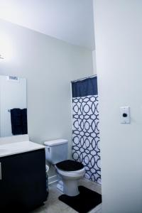 a bathroom with a toilet and a shower curtain at Cozy & inviting 2BD 2BTH Apt Home in Owings Mills
