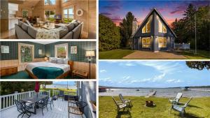 a series of four pictures of a house at Cozy A Frame Waterfront Chalet Dock Fireplace in Traverse City