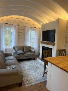 a living room with a couch and a fireplace at Backyard Tiny House in the Woods in Tolland +7 photos