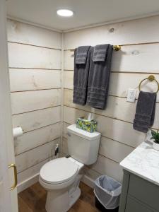a bathroom with a white toilet and towels at Backyard Tiny House in the Woods in Tolland