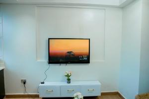 a flat screen tv on a wall in a living room at Ham Homes in Kampala