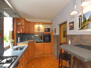 a kitchen with wooden cabinets and a counter top at Ferienwohnung im Erholungsort in Kurort Steinbach-Hallenberg +2 photos