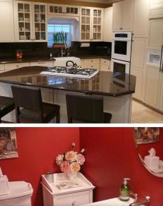 a kitchen with white cabinets and a black counter top at Private room with Fridge - Mini Mansion in Burbank