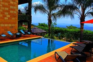 a resort swimming pool with chairs and palm trees at Glamping Wellness Pet Friendly El Secreto in Tepoztlán
