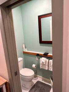 a bathroom with a white toilet and a mirror at Quietside Studio - Fire Pit - Near Acadia in Southwest Harbor