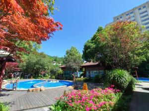 a swimming pool with two cats laying on the ground at 都江堰国堰宾馆 in Dujiangyan