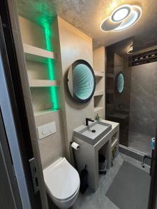a bathroom with a toilet and a sink and a mirror at Apartament André in Sibiu