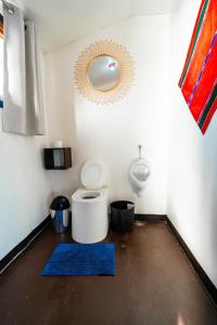 a bathroom with a toilet and a mirror on the wall at Uros Titicaca Lodge Puno in Puno