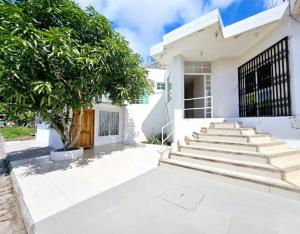 a white house with stairs and a tree at Hammerhead Shark Apartment in Puerto Baquerizo Moreno