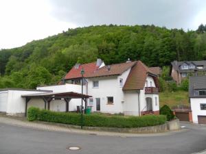 a white house with a hill in the background at Burgblick Rech - Ahrtal in Rech