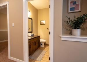 a bathroom with a sink and a toilet and a mirror at Serenity suite in Lethbridge +11 photos