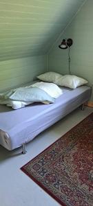 a bed with two pillows and a lamp in a room at Welcome to Lillstugan in Jämshög