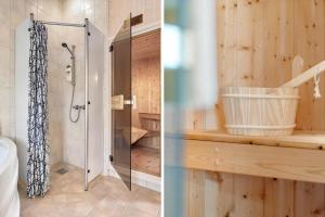 two pictures of a bathroom with a shower and a toilet at LF12022-Spottrup-Skovmarken-2 in Vadum +18 photos