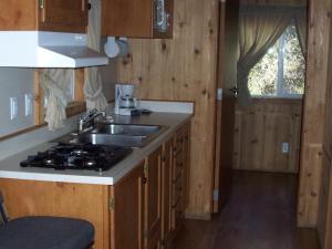 a kitchen with a sink and a stove at Lake of the Springs Camping Resort Cabin 3 in Oregon House