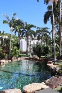 a swimming pool with palm trees and a building at Colonial Palms Motor Inn in Airlie Beach