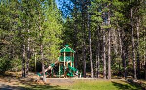 um parque infantil num parque com uma árvore em Lake of the Springs Camping Resort Yurt 2 em Oregon House