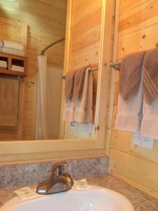 a bathroom with a sink and a mirror at Palm Springs Camping Resort Cabin 3 in Palm Desert