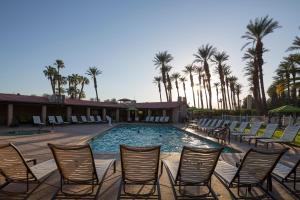 a group of chairs sitting around a pool with palm trees at Palm Springs Camping Resort Cabin 3 in Palm Desert