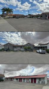 two pictures of a building with a car parked in a parking lot at The Coalinga Motel in Coalinga