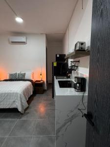 a kitchen with a sink and a bed in a room at Freya Studio I Romantic Zone in Puerto Vallarta