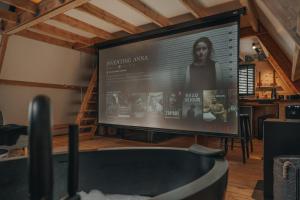 a large screen in a living room with a movie at Het Punthuisje in Lanaken