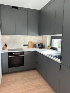 a kitchen with gray cabinets and a black oven at Ferienhaus Sonnenperle am Partwitzer See in Klein Partwitz
