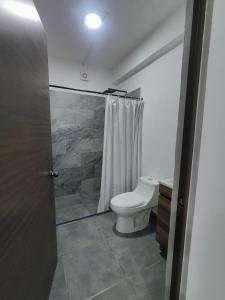 a bathroom with a toilet and a shower at Freya studio III Romantic Zone in Puerto Vallarta