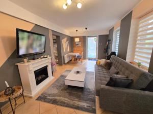 a living room with a couch and a tv and a fireplace at SWINEMÜNDE Fewo Speckmann in Świnoujście