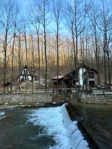 a log cabin next to a river with a waterfall at Planinska vila KTM Lisine in Despotovac