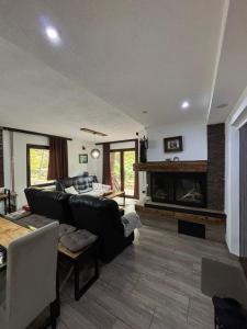 a living room with a couch and a fireplace at Vila KTM Lisine in Despotovac