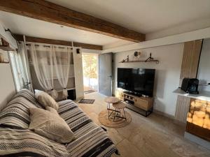 a living room with a bed and a flat screen tv at Studio avec double terrasse Roquefort les Pins in Roquefort-les-Pins