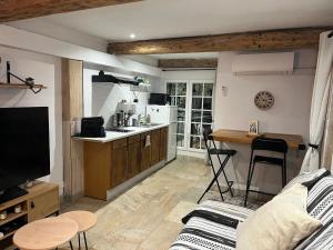 a living room with a kitchen with a counter and a table at Studio avec double terrasse Roquefort les Pins in Roquefort-les-Pins +14 photos