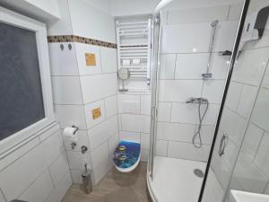 a small bathroom with a shower and a toilet at Traditional Piran house in Piran +51 photos