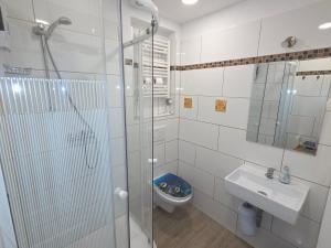 a bathroom with a shower and a toilet and a sink at Traditional Piran house in Piran