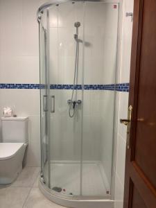 a glass shower in a bathroom with a toilet at Sanmao Vibbecanarias Playa del hombre Telde in Playa del Hombre +22 photos