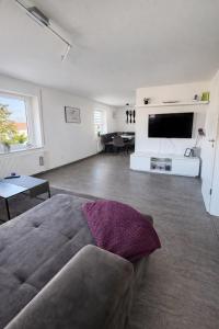 a living room with a couch and a flat screen tv at Family & Work Apartment in Schopfloch