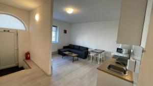 a kitchen and a living room with a blue couch at Chill House in Deva +15 photos