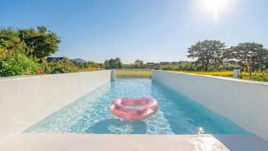a swimming pool with a heart in the water at gyeongju planb pet pension in Gyeongju
