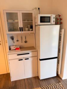 a small kitchen with a white refrigerator and a microwave at Quendel & Äpfel Ferienhaus in Neu Wulmstorf