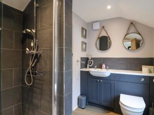 a bathroom with a shower and a toilet and a sink at Bridge Cottage in Bridport +54 photos