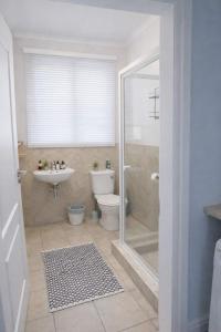 a bathroom with a shower and a toilet and a sink at Sunset View 23 in Langstrand
