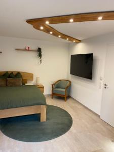 a bedroom with a bed and a flat screen tv at Stübchen Nr 37 in Inzigkofen
