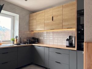 a kitchen with wooden cabinets and a counter top at Breńskie Tarasy in Brenna