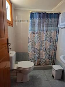 a bathroom with a toilet and a shower curtain at Avra Apartments in Leonidio +19 photos