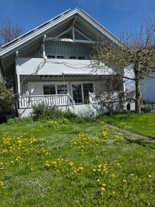 a white house with a field of flowers in front of it at Gardenia-Altach, 2-4 P, Küche, Garten, Terrasse, Parkplatz, Wifi, Ski Stellplatz in Altach