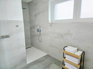 a bathroom with a shower with a glass door at Ferienwohnungen Miller in Saarburg +57 photos